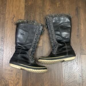 Sorel Black & Tusk Cate The Great Boots Shoes Black Leather Fur Size 9